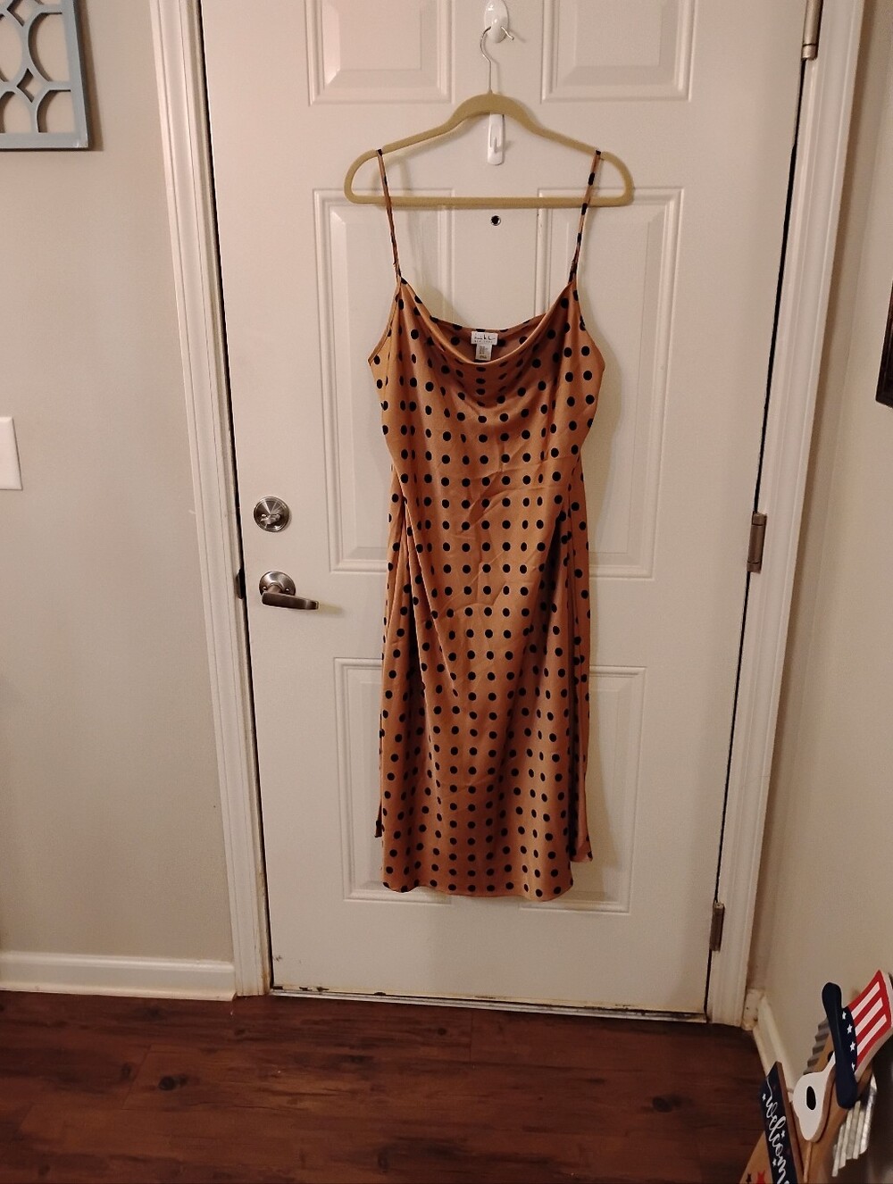 Satin Polka Dot Slip Midi Dress in Brown/Black